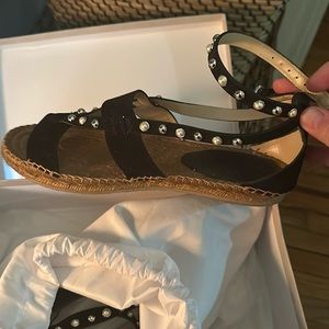 Jimmy Choo espadrille w/ ankle wrap around strap.  pearl studded embellishment